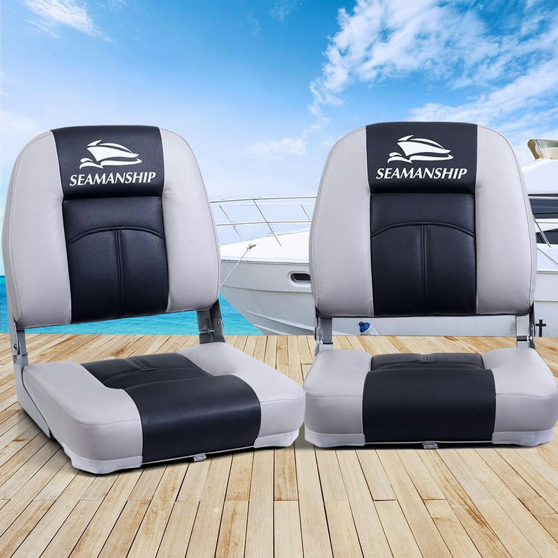 Set of 2 Folding Boat Seats Seat Marine Seating Set Swivels All Weather Charcoal & Grey