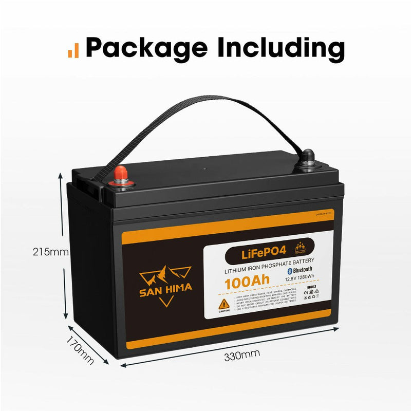 San Hima 12V 100Ah Lithium Iron Phosphate Battery LiFePO4 w/ Self-heating Function & Bluetooth