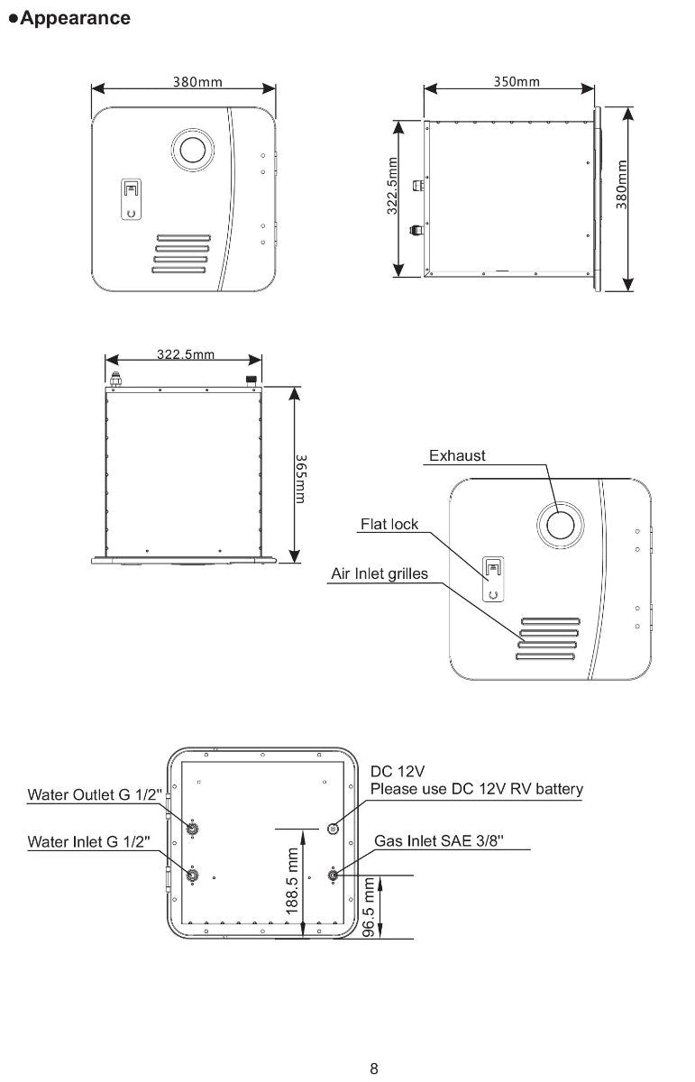 Hawk RV Instantaneous LP Gas Water Heater 8L/Min - Black Door