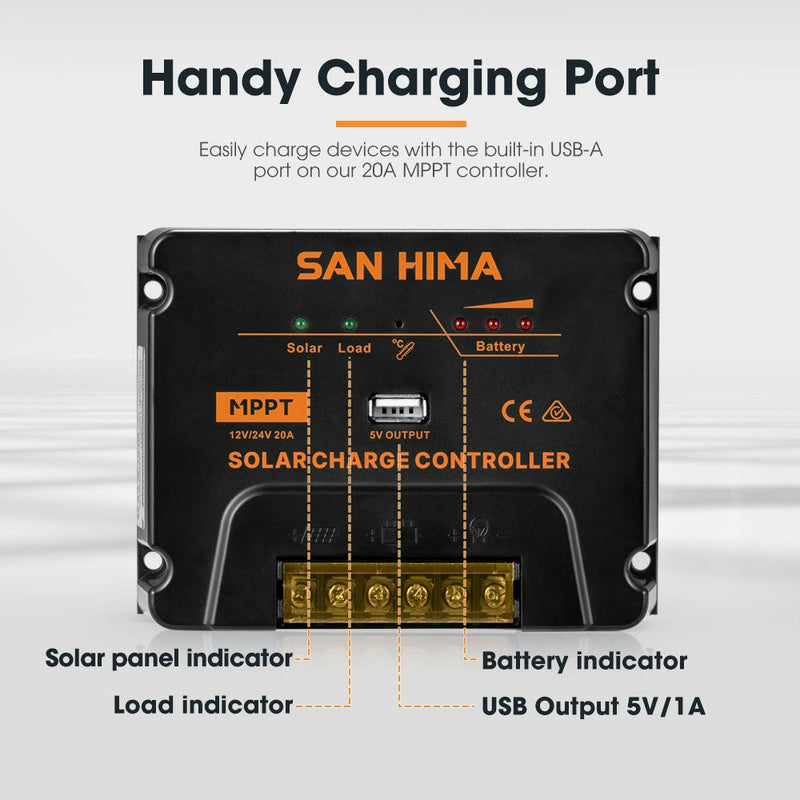 San Hima 20A MPPT Solar Charge Controller With Cable Regulator 12V/24V