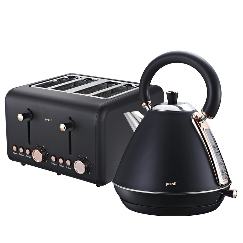 Pronti Rose Trim Collection Toaster & Kettle Bundle - Black