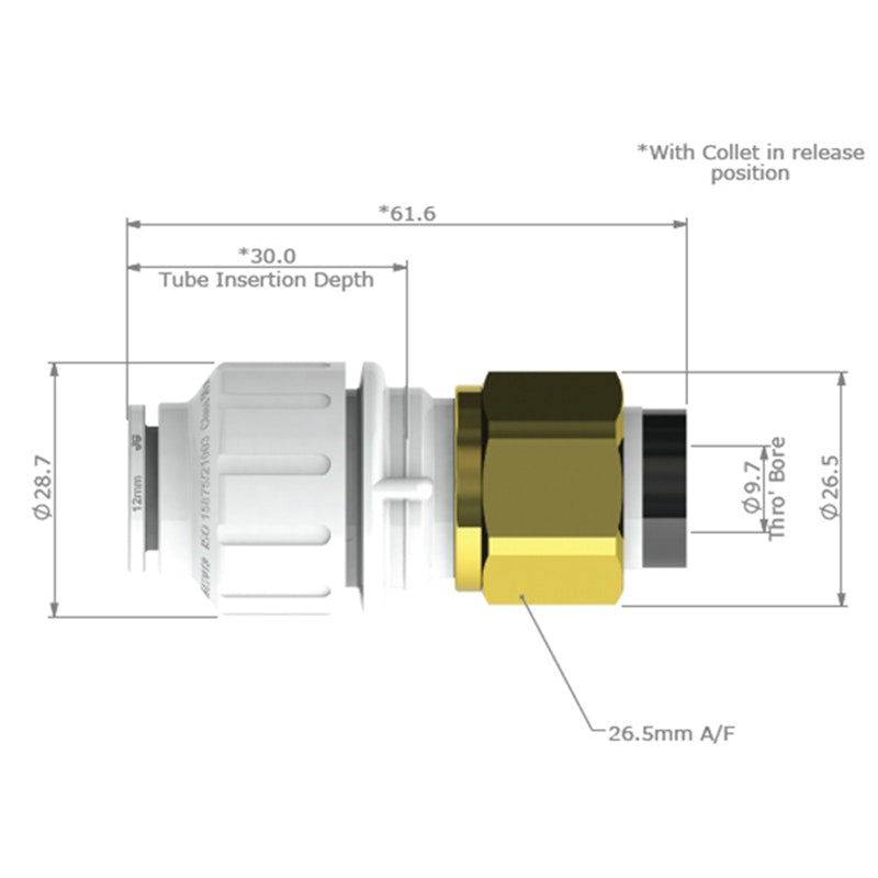 John Guest Watermark 12mm Straight Tap Connector - PEMSTC1214