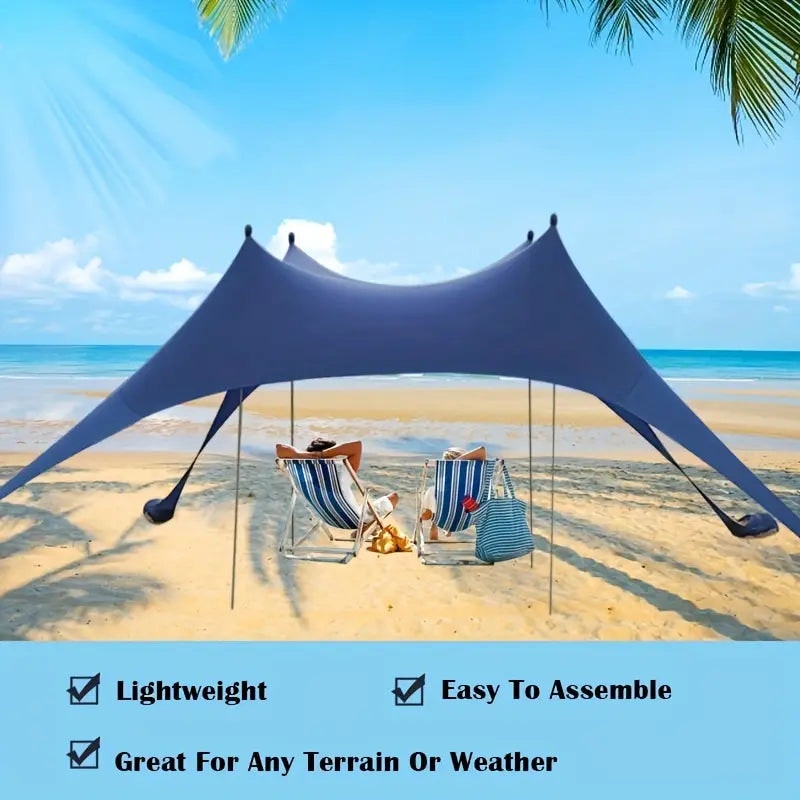 NNETM Extra Large Beach Tent Sun Shelter with UPF50+ Protection, Stability Poles, and Ground Pegs - Blue (Includes 4 Poles)