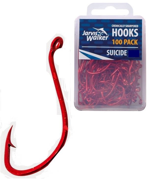 100 x Jarvis Walker Size 1/0 Suicide Octopus Hooks - Red Chemically Sharpened 1