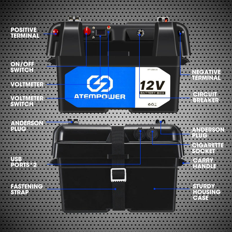 Battery Box 12V Portable Deep Cycle AGM Universal Camping Large Marine