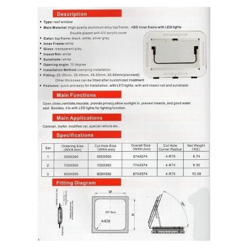 Extra Large Caravan RV Skylight Roof Vent Hatch 700x500mm Cut out