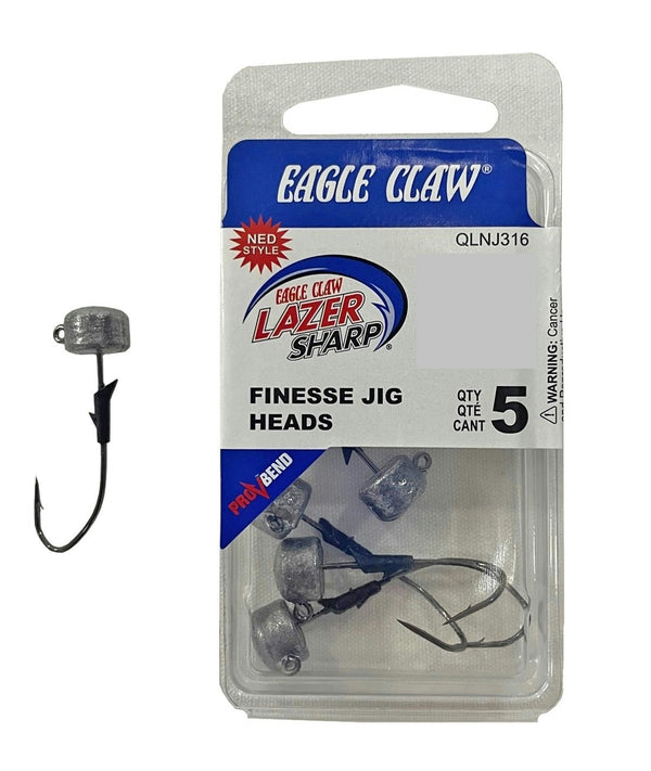 5 Pack of Unpainted 1/16oz Eagle Claw Lazer Sharp Size 1 Pro-V Finesse Jig Heads