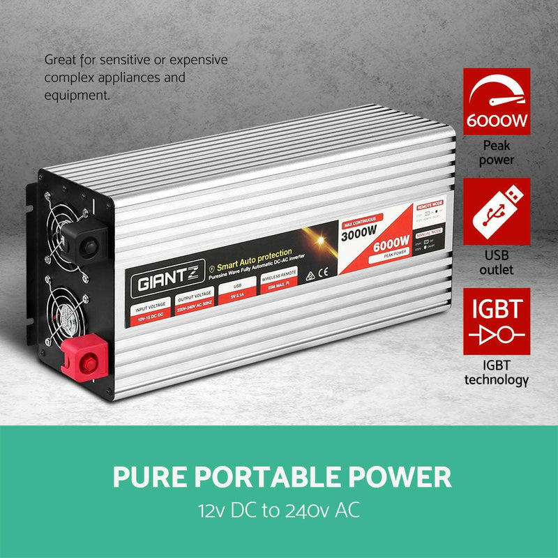 Power Inverter 3000W or 6000W Pure Sine Wave 12V-240V Camping Boat Caravan