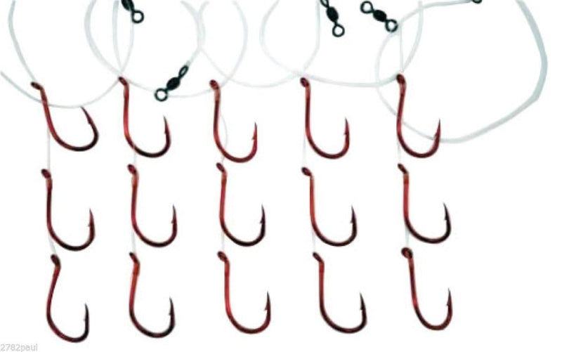 SNELLED MUSTAD 92554NPNR 6/0 60LB 5pc PRE-TIED FISHING RIG-3 HOOK-BULK SNAPPER