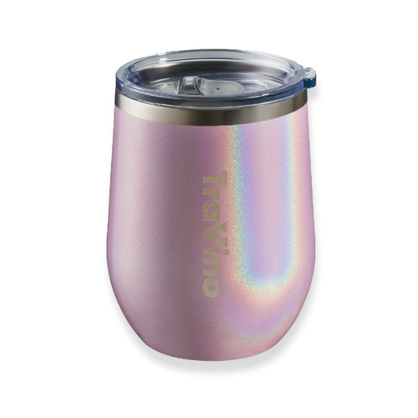 TraVino Vacuum Insulated Stemless Glitter Iridescent Wine Glass Cup Camping Hiking PINK