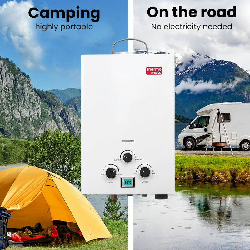 Portable Gas Outdoor Camping Hot Water Heater System-with 12V Pump-Shower Head-White