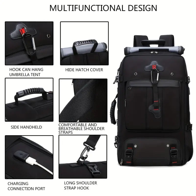 50L Large Capacity Waterproof Hiking Backpack with Shoe Compartment - Black