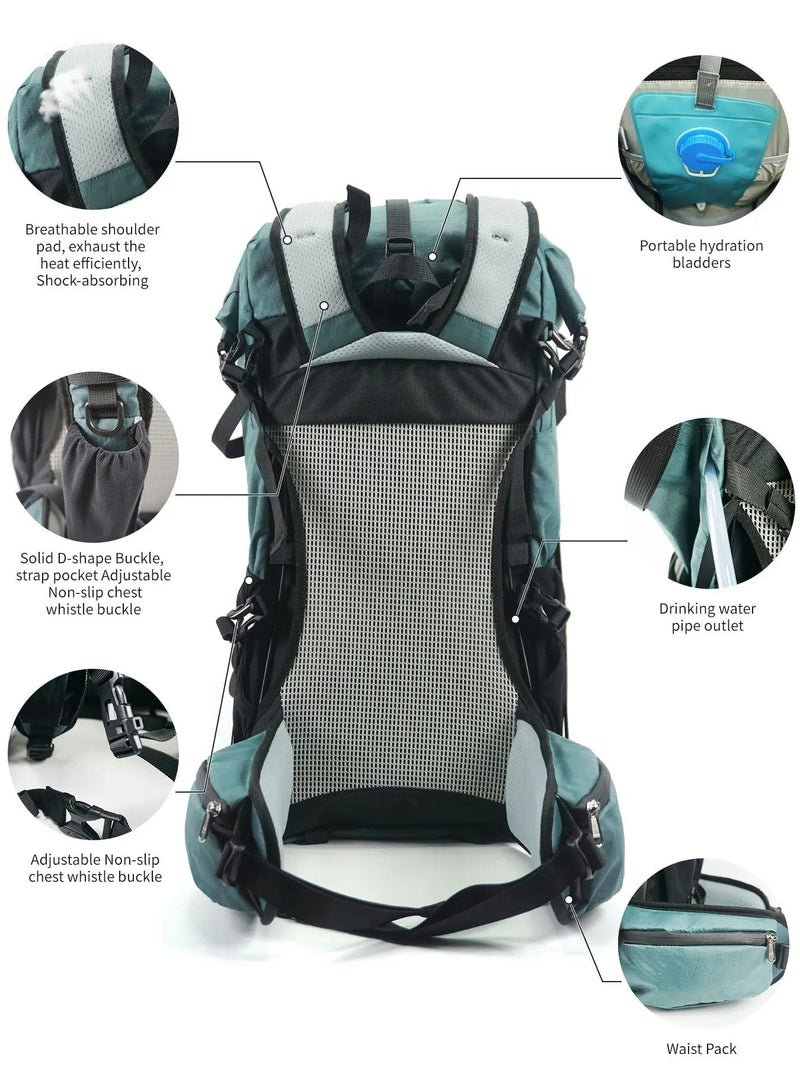 40L Waterproof Hiking And Camping Backpack Gray Blue