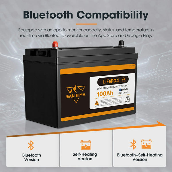 San Hima 12V 100Ah Lithium Iron Phosphate Battery LiFePO4 w/ Self-heating Function & Bluetooth