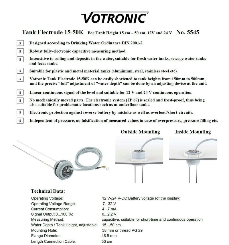 Votronic Tank Level Sensor Electrode 15-50K plus Tank Display S - Grey Water