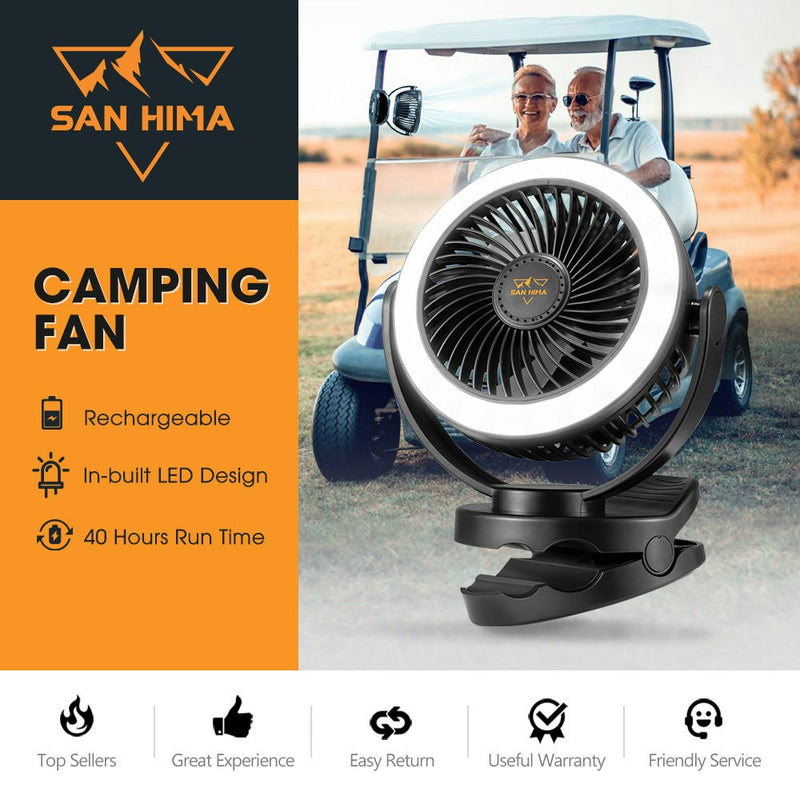 San Hima 10000mAh Portable Camping Fan Clip On Fan Rechargeable With LED Light