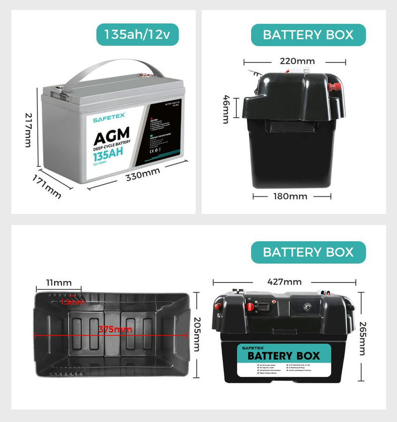 12V 135Ah AGM Battery Outdoor Rv Marine 4WD Deep Cycle & W/ Strap Battery Box