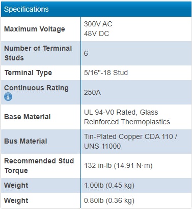 Blue Sea Busbar 250A 6P/Terminals - 5/16