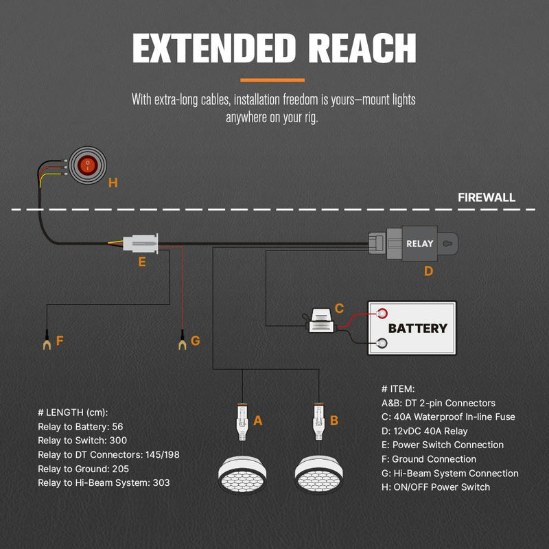 Lightfox 2 Way High Beam Wiring Harness w/ DT 2-Pin Connector For LED Light Bar