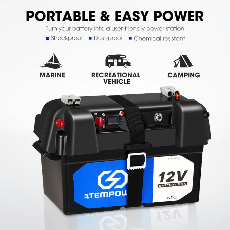 Battery Box 12V Portable Deep Cycle AGM Universal Camping Large Marine