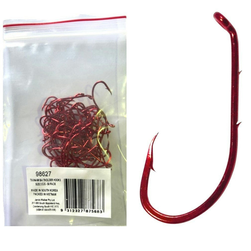 50 Pack of Tsunami Size 2 Red Chemically Sharpened Baitholder Hooks