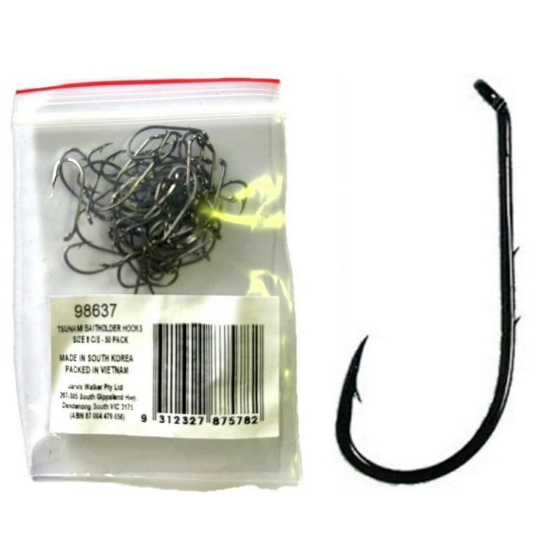 50 Pack of Tsunami Size 8 Chemically Sharpened Black Nickel Baitholder Hooks