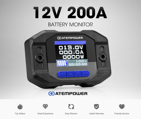 Atem Power Battery Monitor High Low Voltage 200A w/Shunt Wire 12V Battery