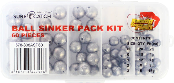 Surecatch Ball Sinkers - 60 Piece Bulk Pack - Super Value 5 Popular Sizes