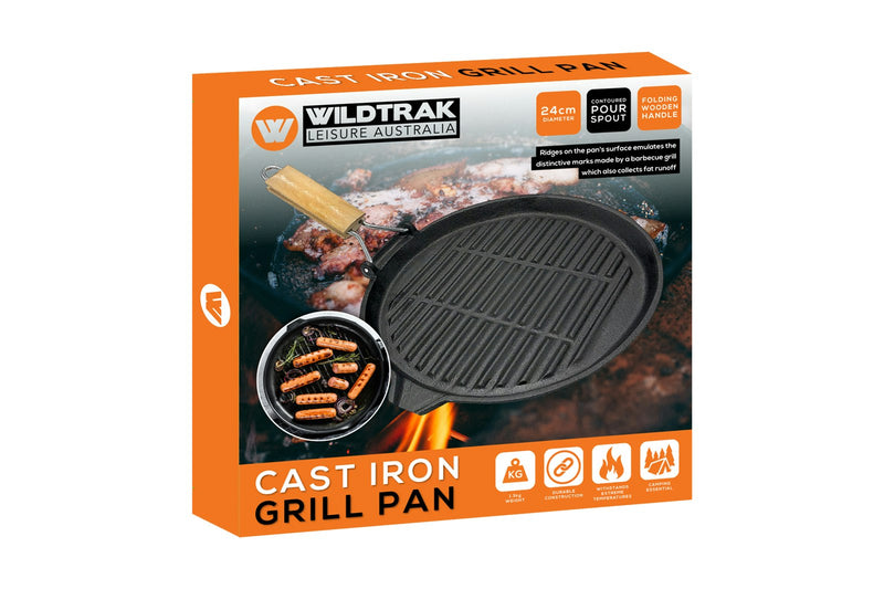 Wildtrak Round 24cm Grill Pan w/ Wood Handle/Pour Spout Camping Cookware Black