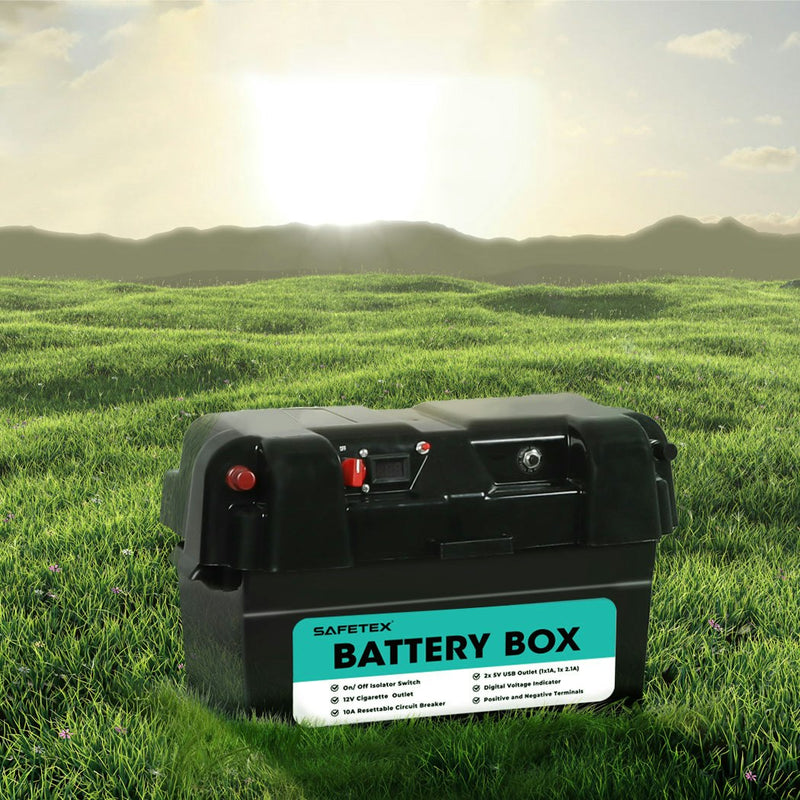 Safetex 12V AGM Battery Box USB Port Solar Caravan Camping 4WD Off-grid Charge