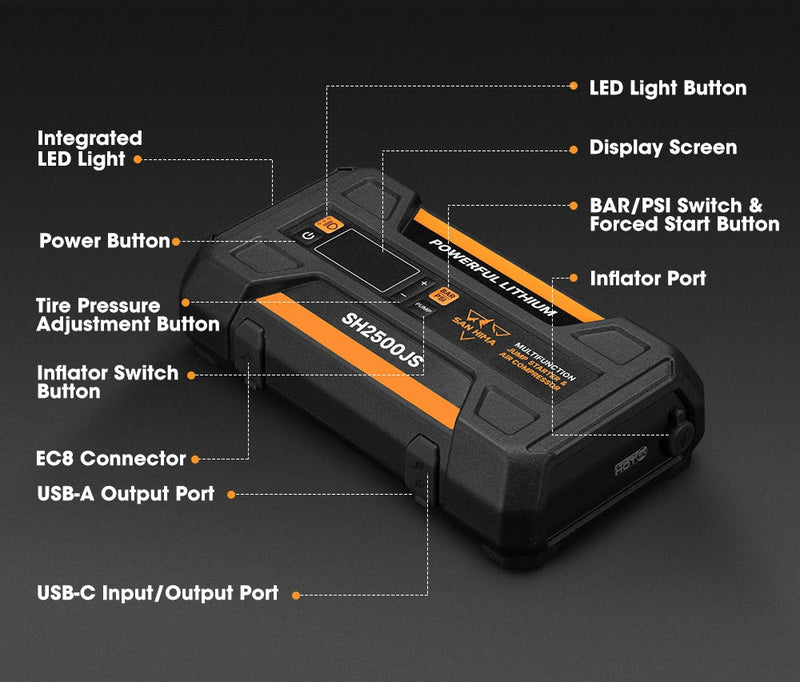 San Hima 12V Jump Starter With Air Compressor 2500A Portable Power Bank Pack