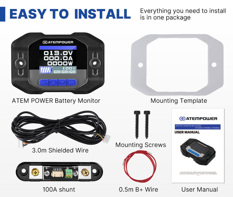 Atem Power Battery Monitor High Low Voltage 200A w/Shunt Wire 12V Battery