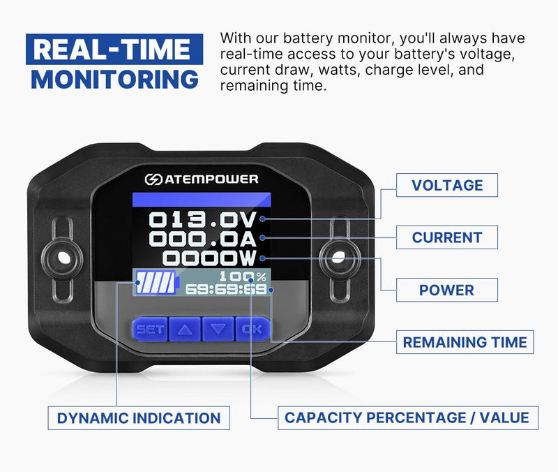 Atem Power Battery Monitor High Low Voltage 200A w/Shunt Wire 12V Battery