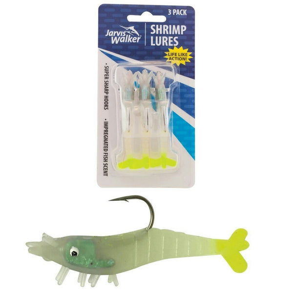 3 Pack of Rigged Jarvis Walker Scented Shrimp Soft Body Lures - Glo Chartreuse