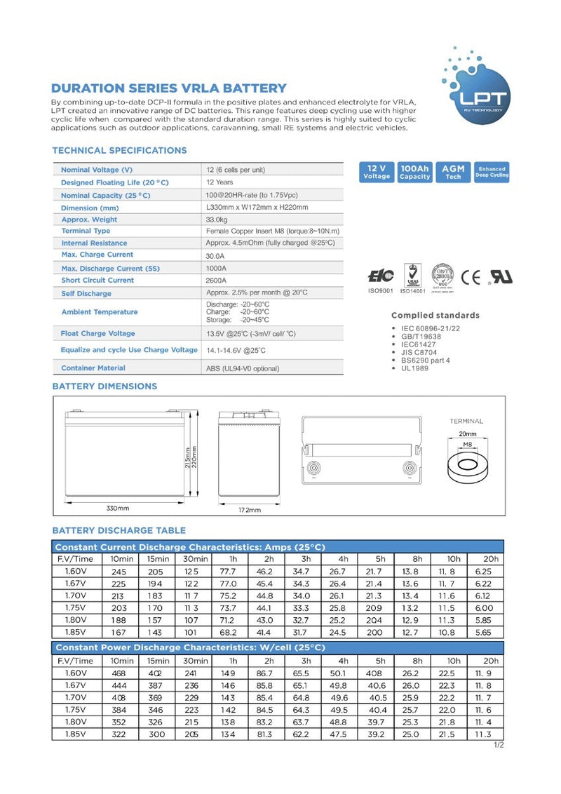 LPT 100Ah AGM Premium Caravan Battery