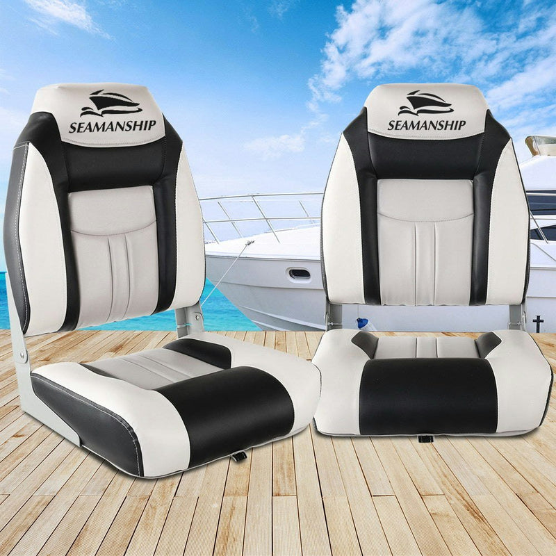 Set of 2 Folding Swivel Boat Seats - Grey & Black