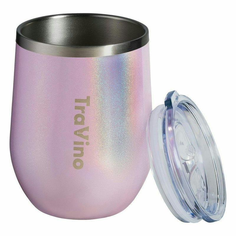 TraVino Vacuum Insulated Stemless Glitter Iridescent Wine Glass Cup Camping Hiking PINK