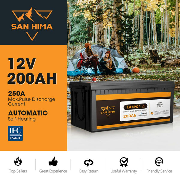 San Hima 12V 200Ah Lithium Iron Phosphate Battery LiFePO4 w/ Self-heating Function & Bluetooth