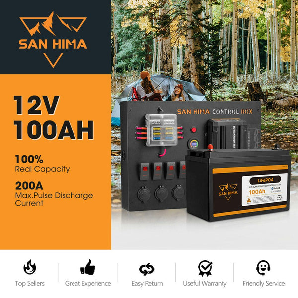 San Hima 12V 100Ah Lithium Iron Phosphate Battery + 12V Control Box W/ Fuse 4X4