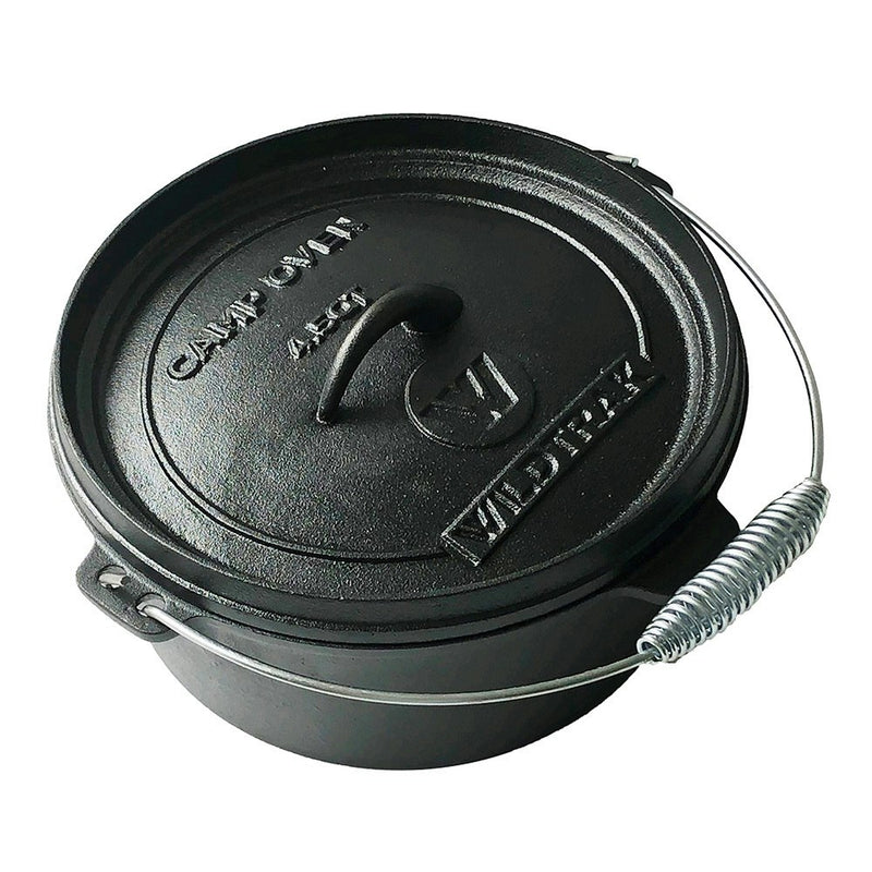 Wildtrak Round 4.5qt/25cm Cast Iron Camp Oven Pot Camping Outdoor Cookware Black