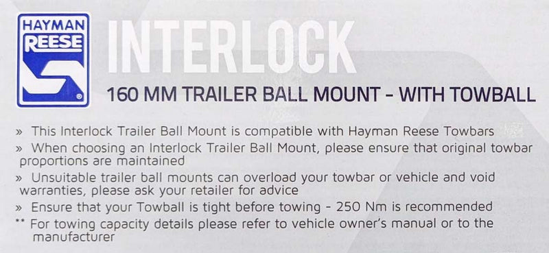 Hayman Reese 21222 Interlock 160mm Trailer Ball Mount and Towball