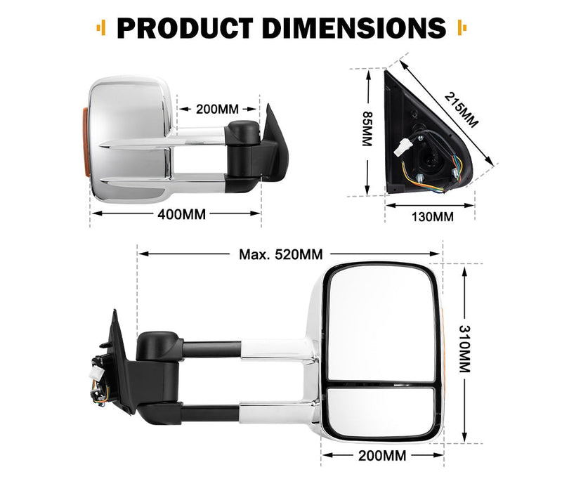 SAN HIMA Extendable Towing Mirrors fit Nissan Navara D23 NP300 2015-On Chrome