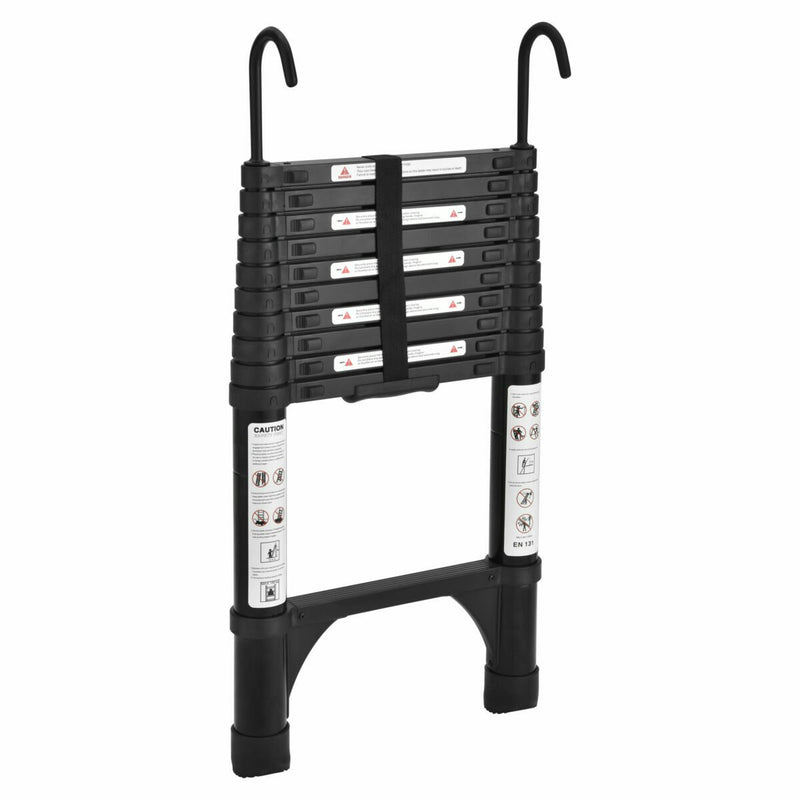 Black 3.8m Portable telescopic ladder with Hooks and carry bag