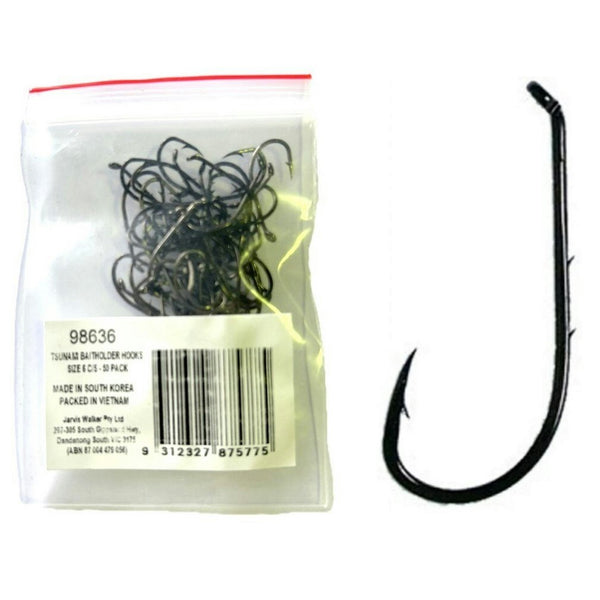 50 Pack of Tsunami Size 6 Chemically Sharpened Black Nickel Baitholder Hooks