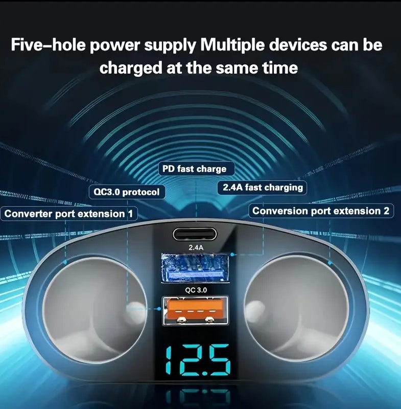 5-Port Car - Quick Charge 3.0 USB/Type-C Adapter 12V TWIN