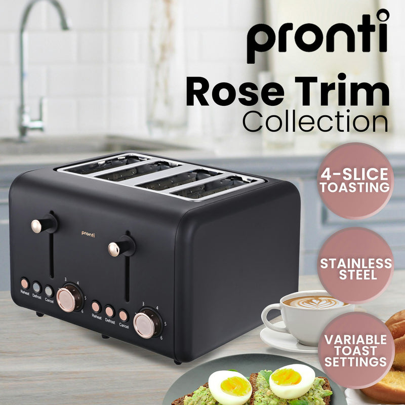 Pronti Rose Trim Collection Toaster & Kettle Bundle - Black