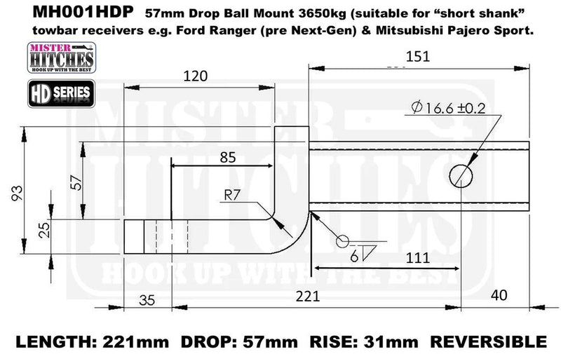 Mister Hitches Heavy Duty 3650kg "HD Series" Ball Mount 51mm Drop Or 31mm Rise - Short Shank