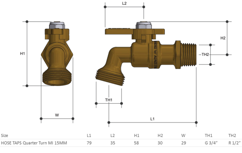 Hose Tap Quarter Turn BR MI 15mm