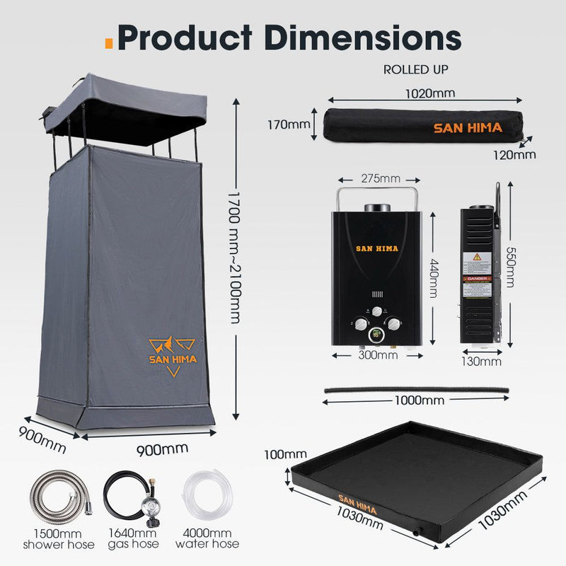San Hima Camping Shower Tent Grey & Gas Hot Water Heater Black &Shower Tent Base