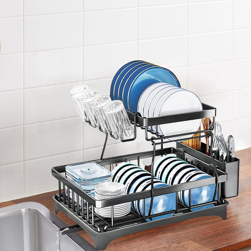Toque Detachable Dish Drying Rack Cutlery Organizer Drainer Board 2 Tier Black